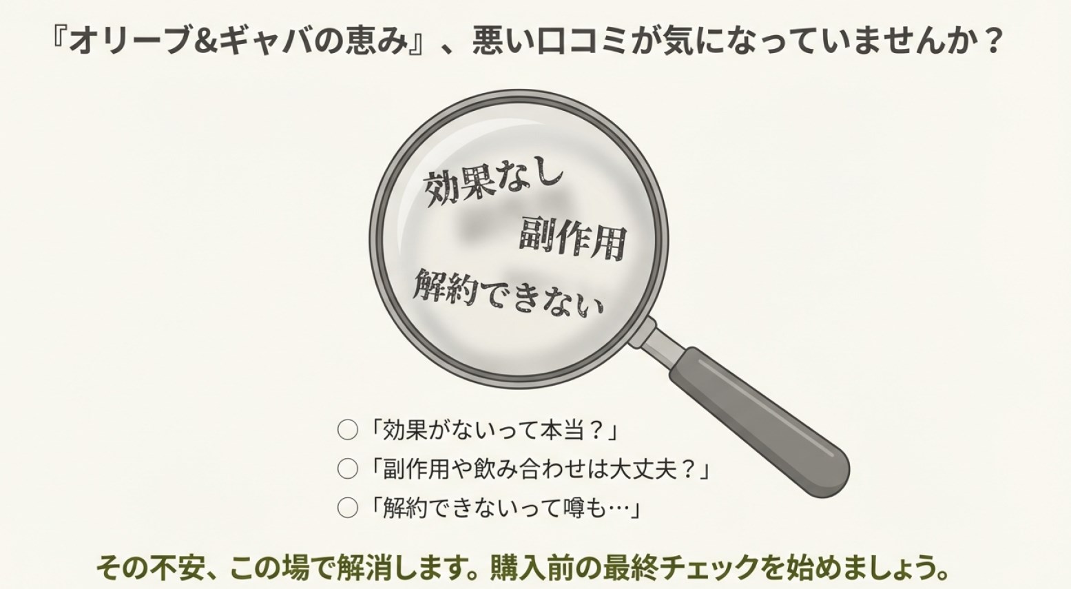 オリーブ＆ギャバの恵みの「効果なし」「副作用」「解約できない」という不安な口コミを虫眼鏡で調査しているイラスト。「その不安、この場で解消します」というメッセージ。