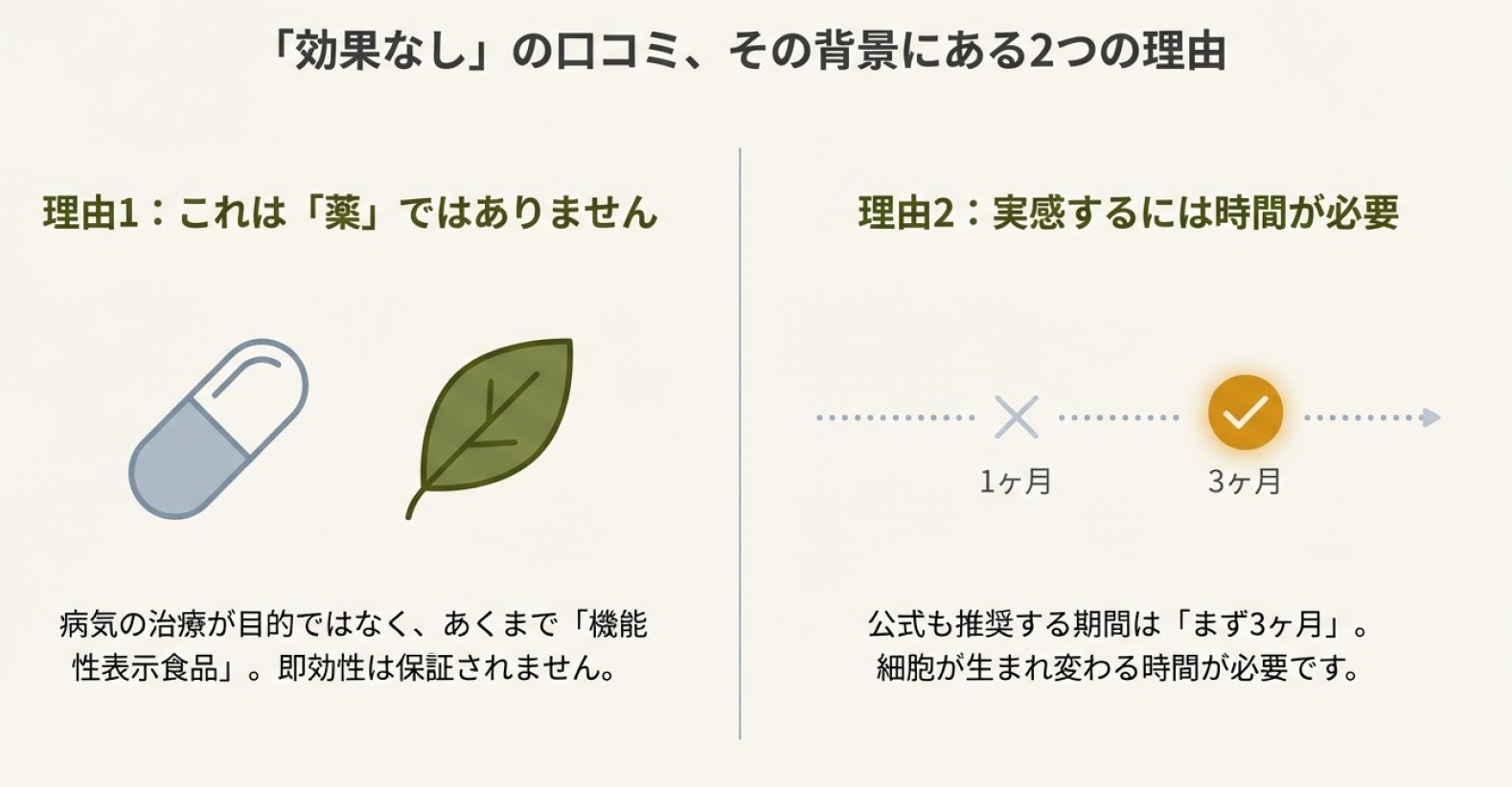 効果がないと言われる2つの理由。薬ではなく機能性表示食品であること、実感するには3ヶ月の時間が必要であることを解説したスライド。