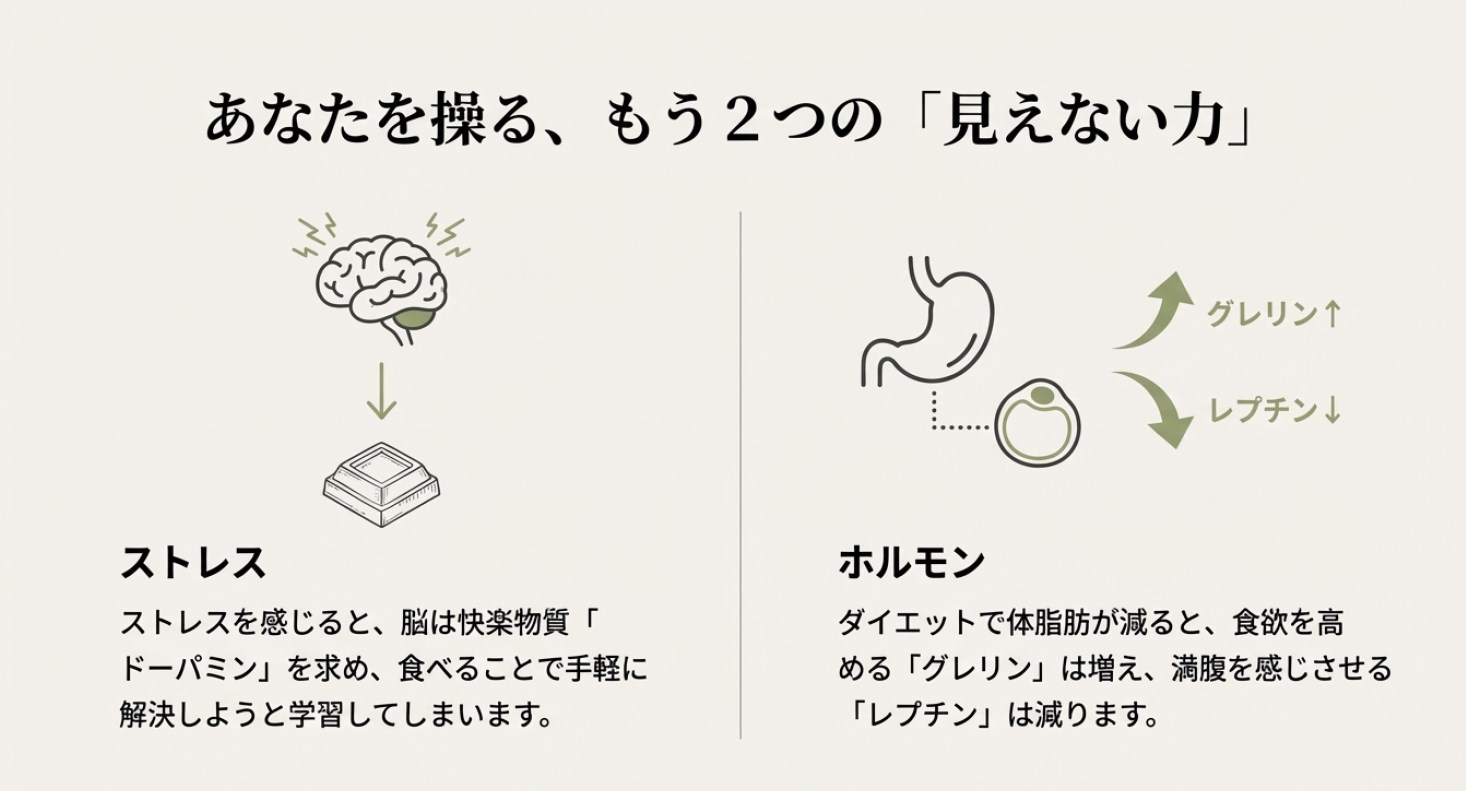 胃から出る食欲増進ホルモン「グレリン」と、脂肪細胞から出る満腹ホルモン「レプチン」の増減を示す図。ストレスによるドーパミン欲求についても記載されたスライド。
