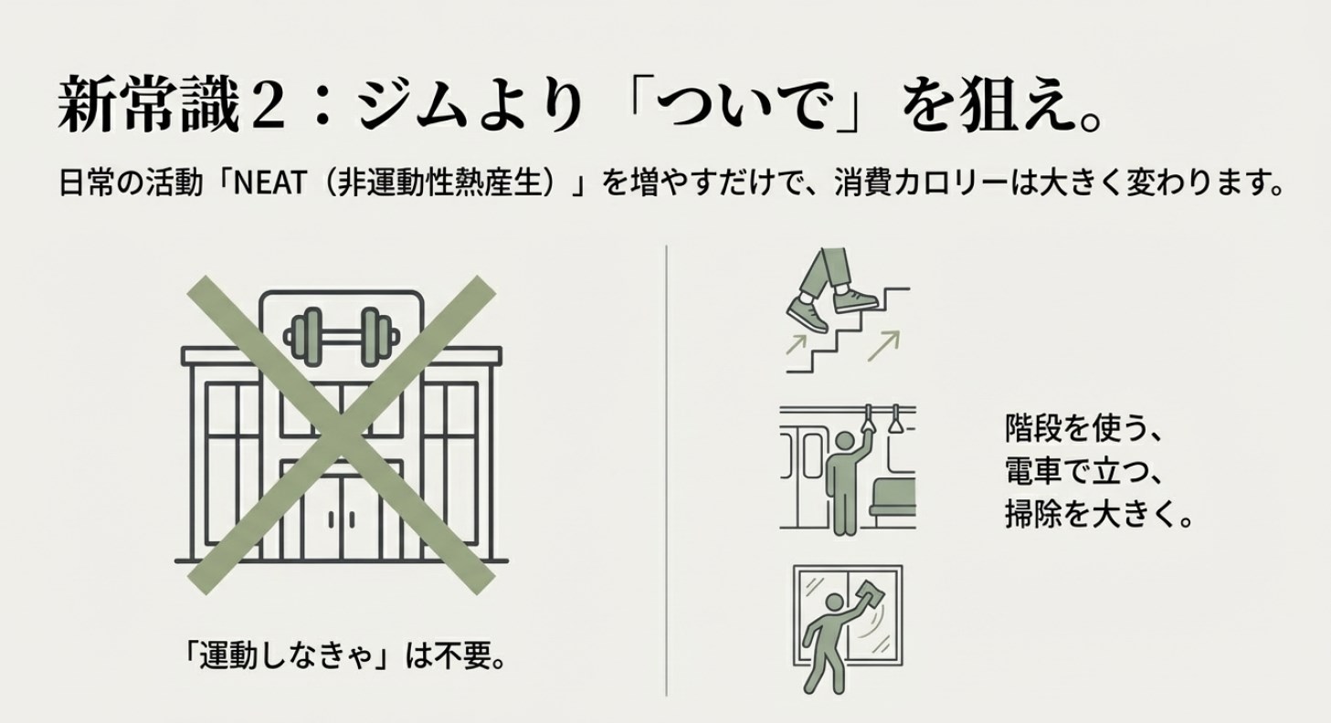 ジムのアイコンにバツ印がつき、窓拭きをしている人のイラストがあるスライド。日常の活動（NEAT）を増やすことを推奨している。