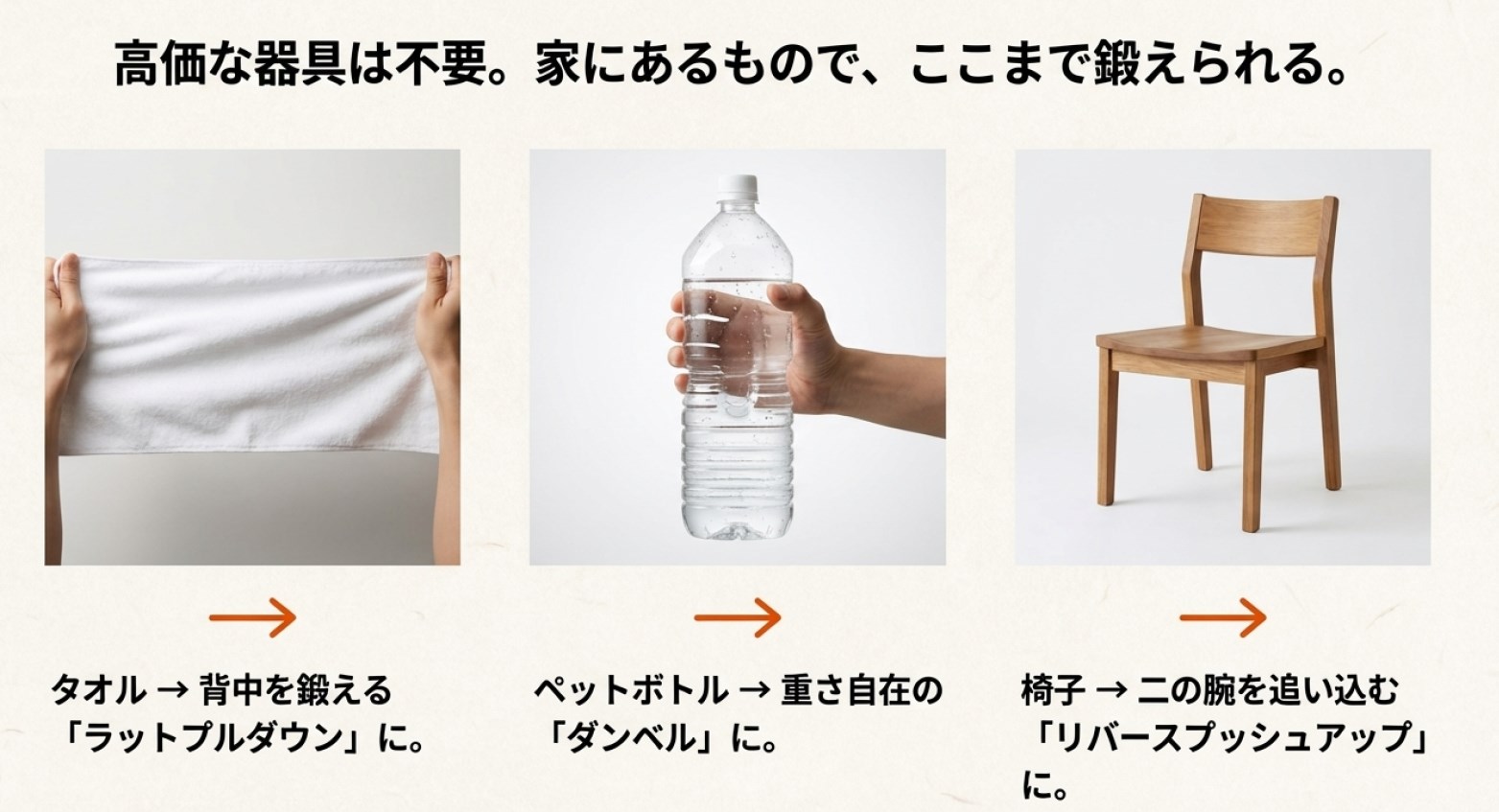 家にあるもので代用するトレーニング器具（タオル、ペットボトル、椅子）